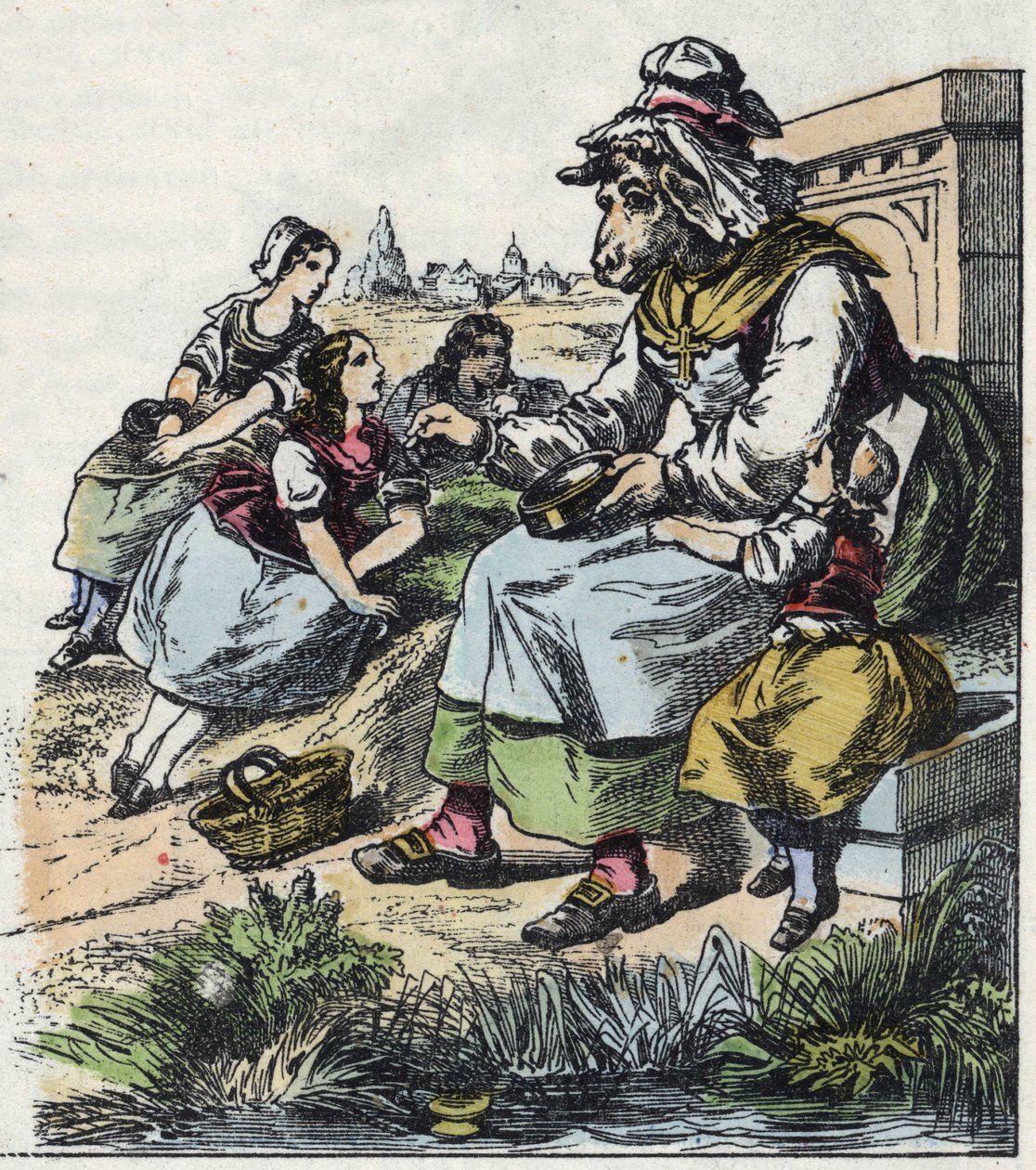 “İyi Anne Koyun” masalının illüstrasyonu. “” Küçükler için evden masallar” da. 19. yüzyılın anonim gravürü. by Unknown artist
