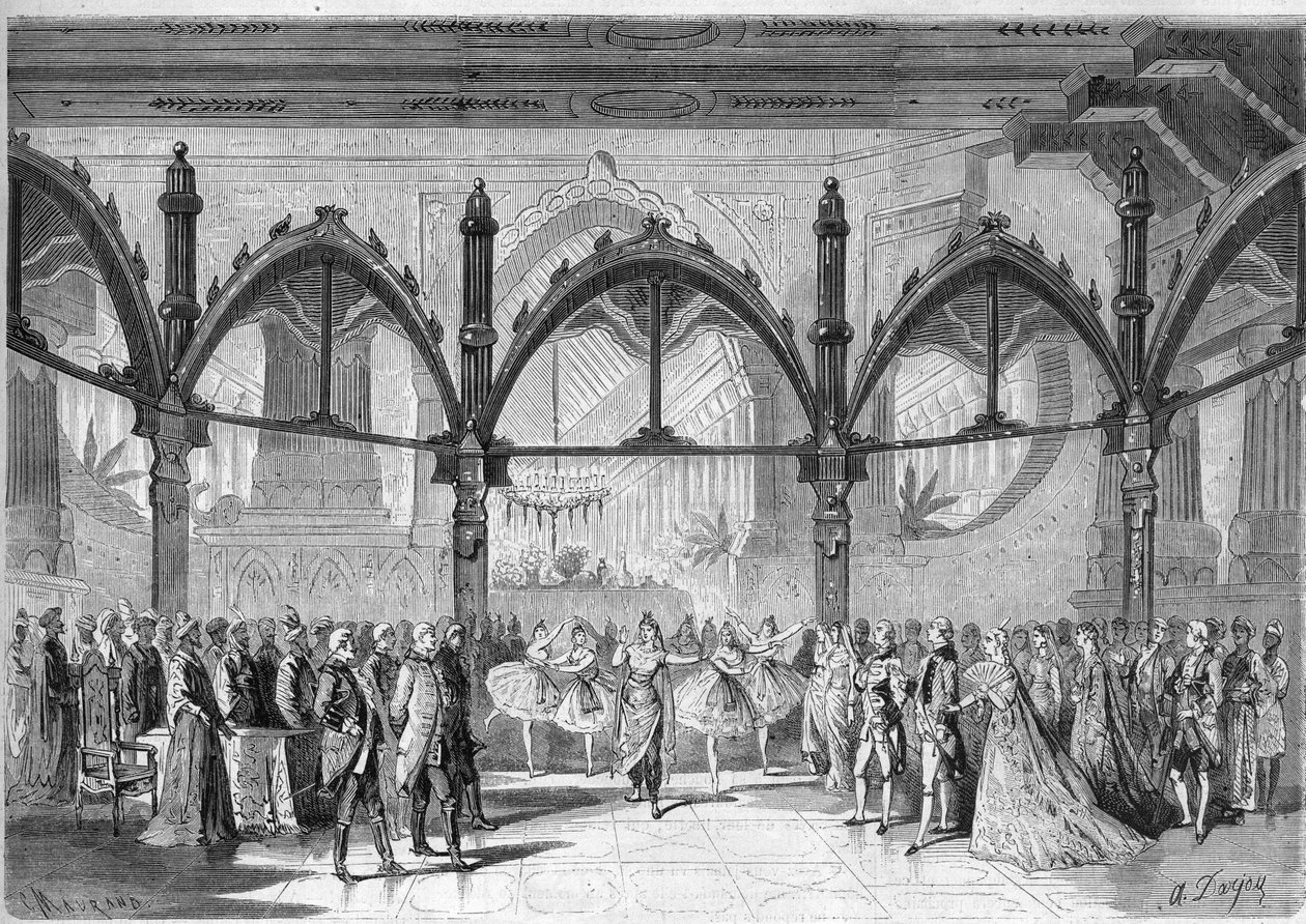 Çizgi Roman Operası İmparatorluk Tiyatrosu: Sahne IV, Daniel Francois Esprit Auber (1782-1871) tarafından yazılan “Mutluluğun İlk Günü” operasının II. Perdesi. "" Şanlı Evren "de Gravür by Unknown artist