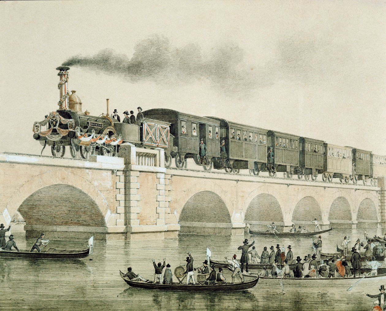 Kenti kıtaya bağlamak için Venedik lagünü üzerindeki köprünün açılışı (Litografi) by Unknown artist