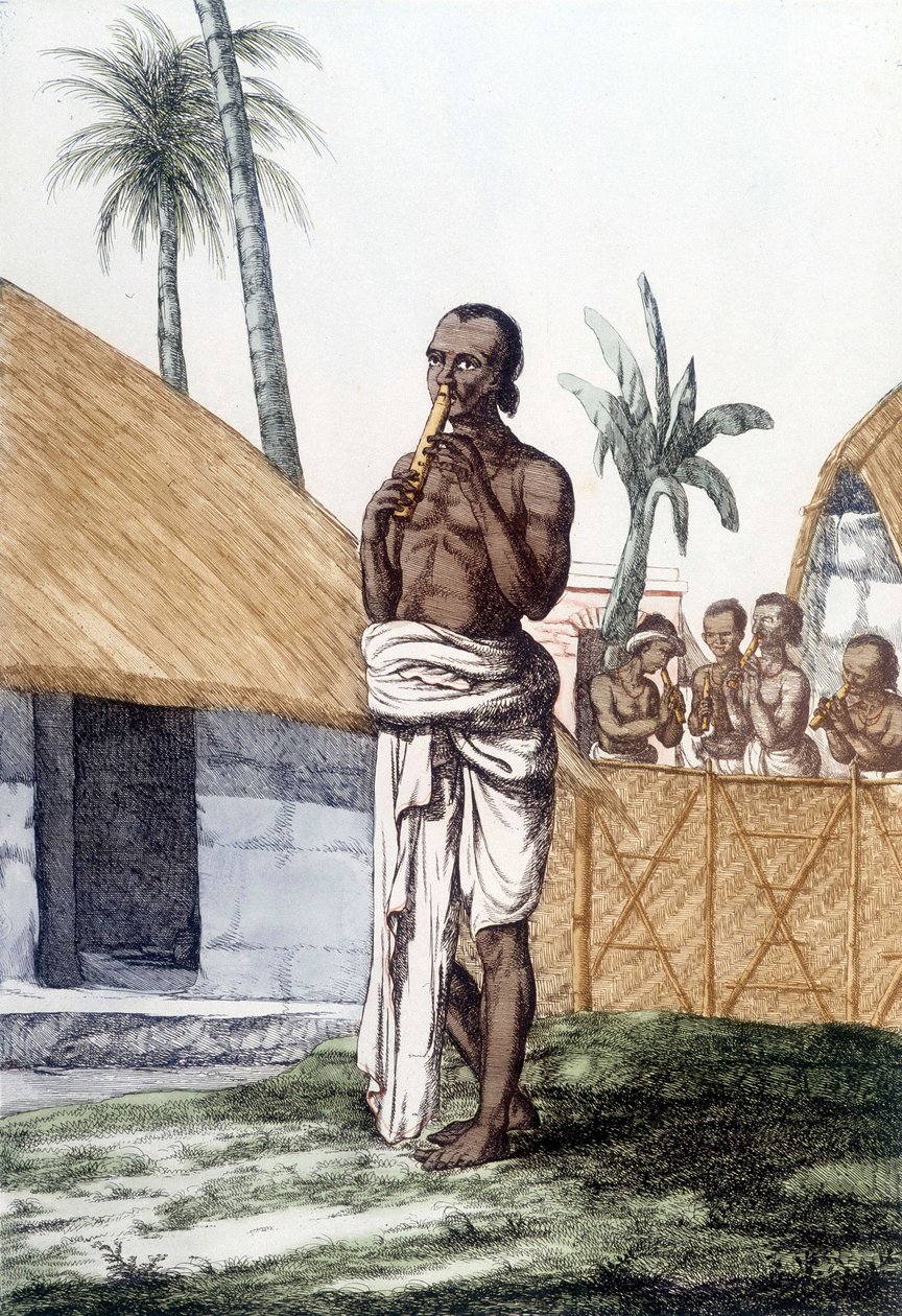 Hint kültürü ve uygarlığı: bansuri flüt çalan müzisyen, geleneksel müzik aleti, Hindistan. 1808 gravür. by Unknown artist