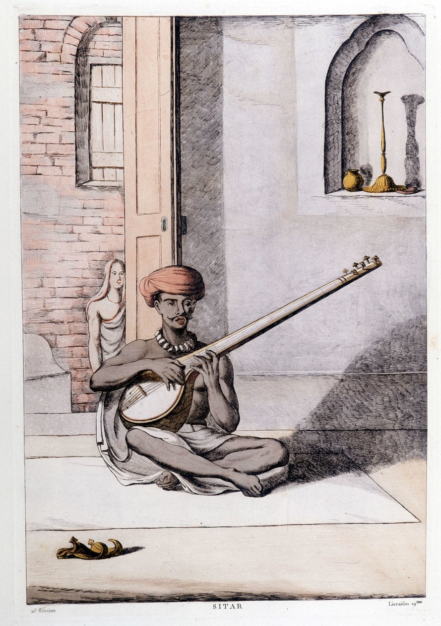 Hint kültürü ve uygarlığı: sitar çalan müzisyen, geleneksel müzik aleti, Hindistan. 1808 gravür. by Unknown artist