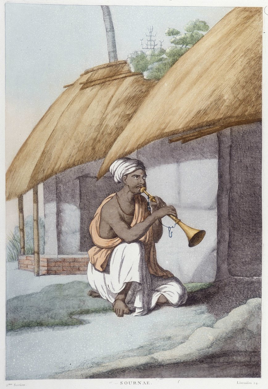 Hint kültürü, medeniyeti ve toplumu: geleneksel Hint flütlü müzisyen. 1808