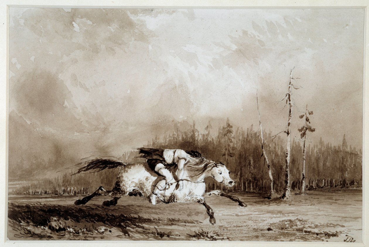 Amerika Yerlisi: “” Bağlanmış bir adamı taşıyan dört nala koşan bir at”” Anonim çizim. 19. yüzyıl La Rochelle, Musee du Nouveau Monde by Unknown artist
