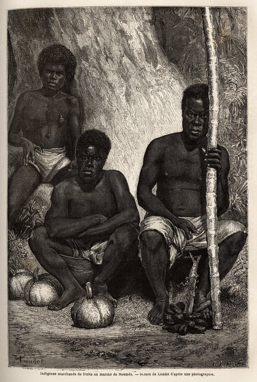 Yerliler meyve tüccarı, Noumea (Yeni Kaledonya) pazarında. Maden inşaat mühendisi Jules Garnier tarafından 1863