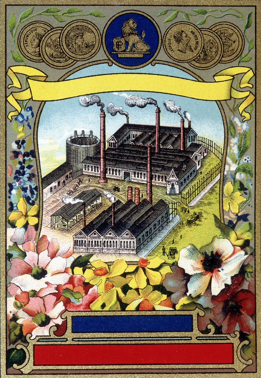 Sanayileşme: Bir fabrikanın havadan görünümü. 19. yüzyılın sonunun kromolitografisi. by Unknown artist