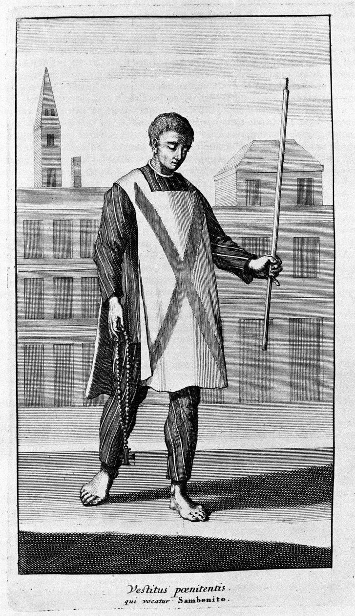 Engizisyon mahkemesi. Autodafé alayı için San Benito kıyafetleri. “Engizisyon Tarihi”nden gravür, Amsterdam 1692. by Unknown artist