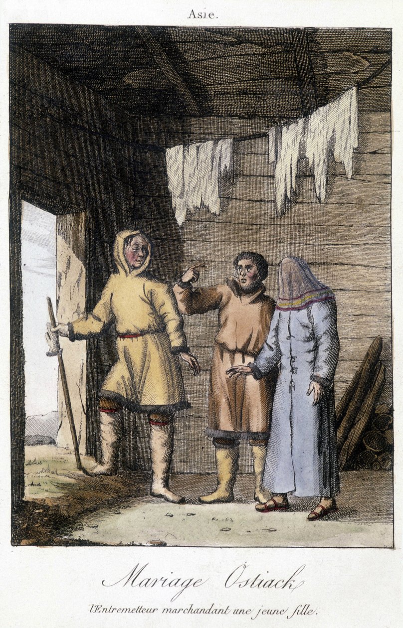 Ostiak (Khanty veya Khante) (Orta Ob vadisinin ormanlık alanında kurulmuş Paleosibir avcı kabilesi) genç bir kızla bir düğün için pazarlık yapan aracı. by Unknown artist