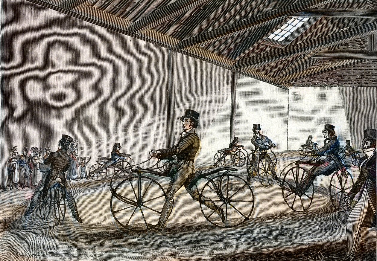 Hobi atı için manejin iç görünümü. Bisiklet süren adam (Baron Karl Drais tarafından icat edilen pedalsız bisikletler) by Unknown artist
