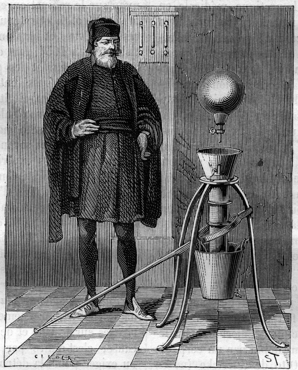 Buluş: Alman mucit Otto de Guericke (Otto de Guericke) (1602-1686) tarafından üretilen pnömatik makine. “” La Nature” da gravür by Unknown artist