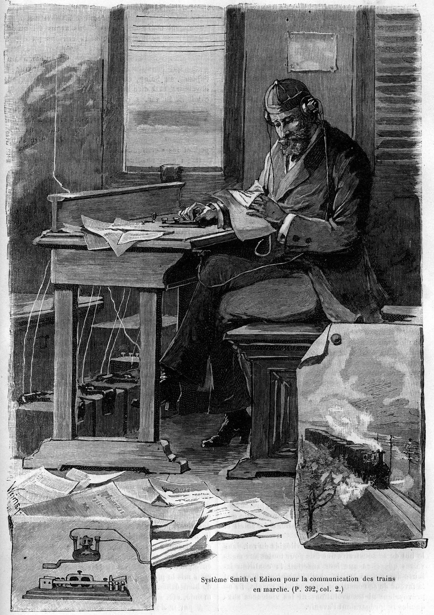 Çalışan trenlerin iletişimi için Smith ve Edison sisteminin icadı. “La jeunesse” dergisinde gravür by Unknown artist