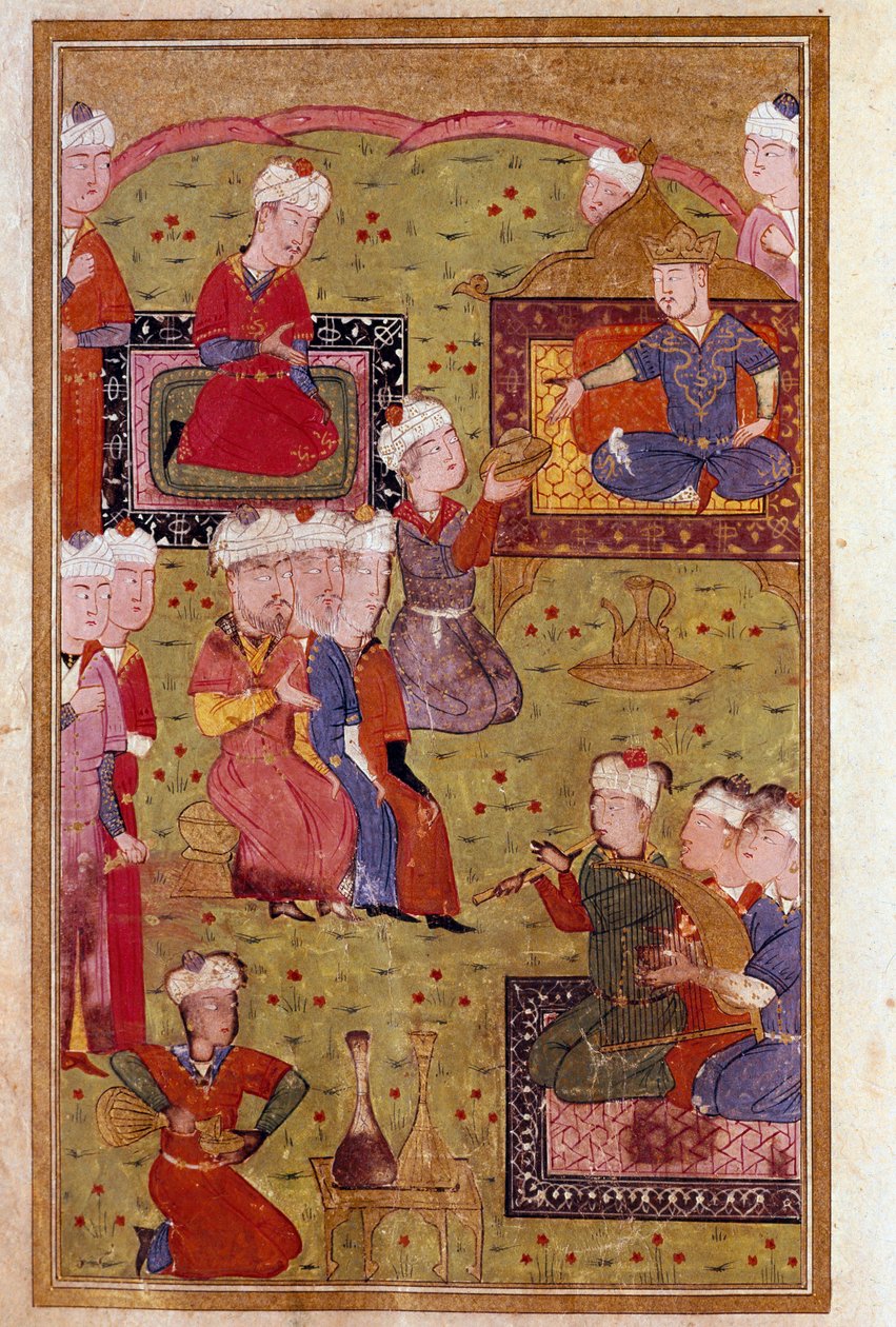 İslam Sanatı: Padişah huzurunda müzisyenlerle ziyafet. 16. yüzyıldan kalma bir el yazmasının minyatürü Venedik Biblioteca Marciana by Unknown artist