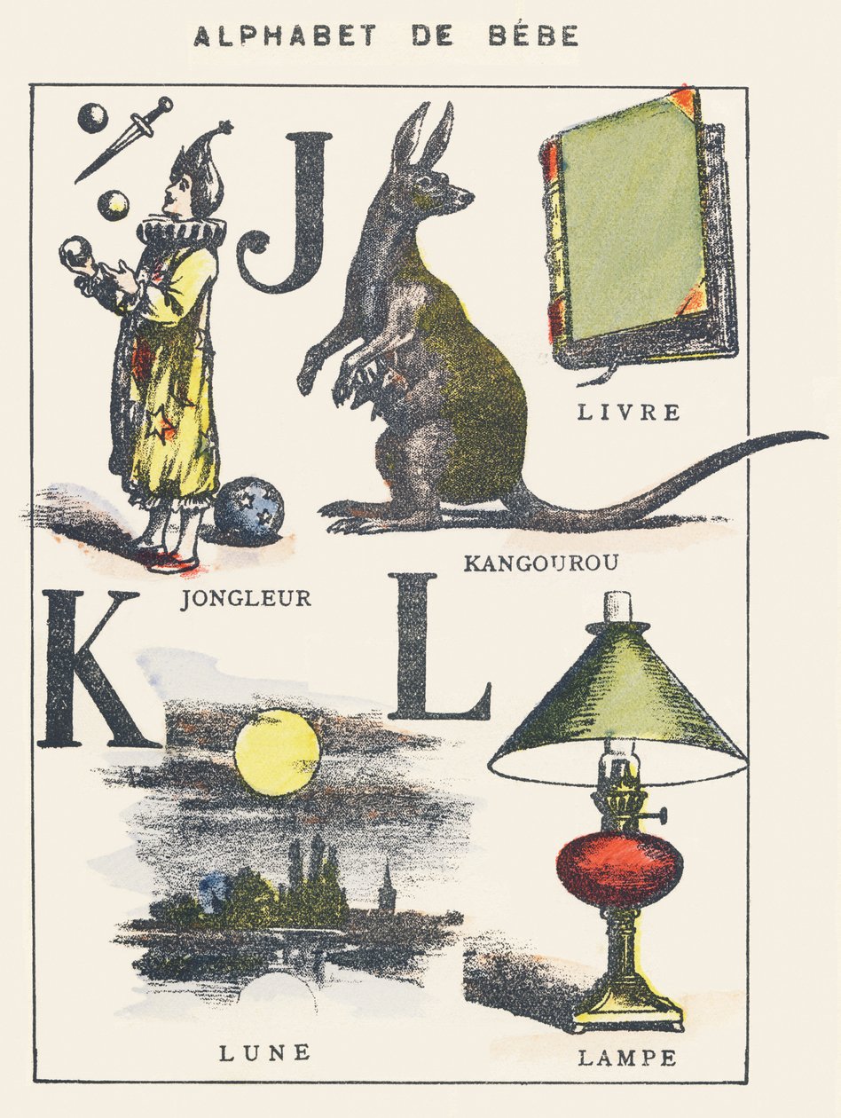 JK L: hokkabaz, kanguru, kitap, ay, lamba by Unknown artist