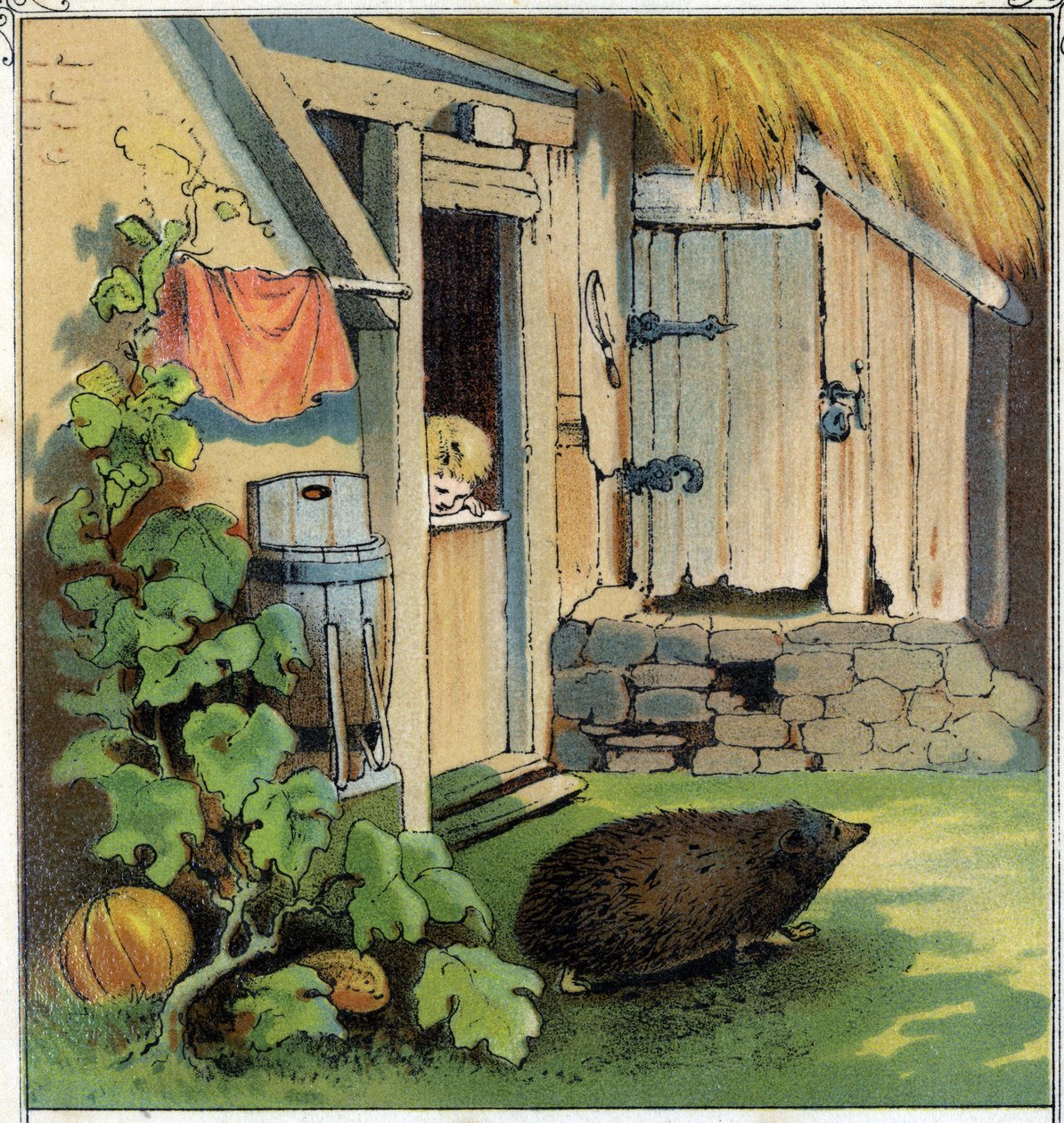 Jacques, evinin avlusunu geçen bir herisson gözlemler. “” Scenes enfantines”den kromolitografi, ed. Guerin - Müller dolaylarında 1885. by Unknown artist