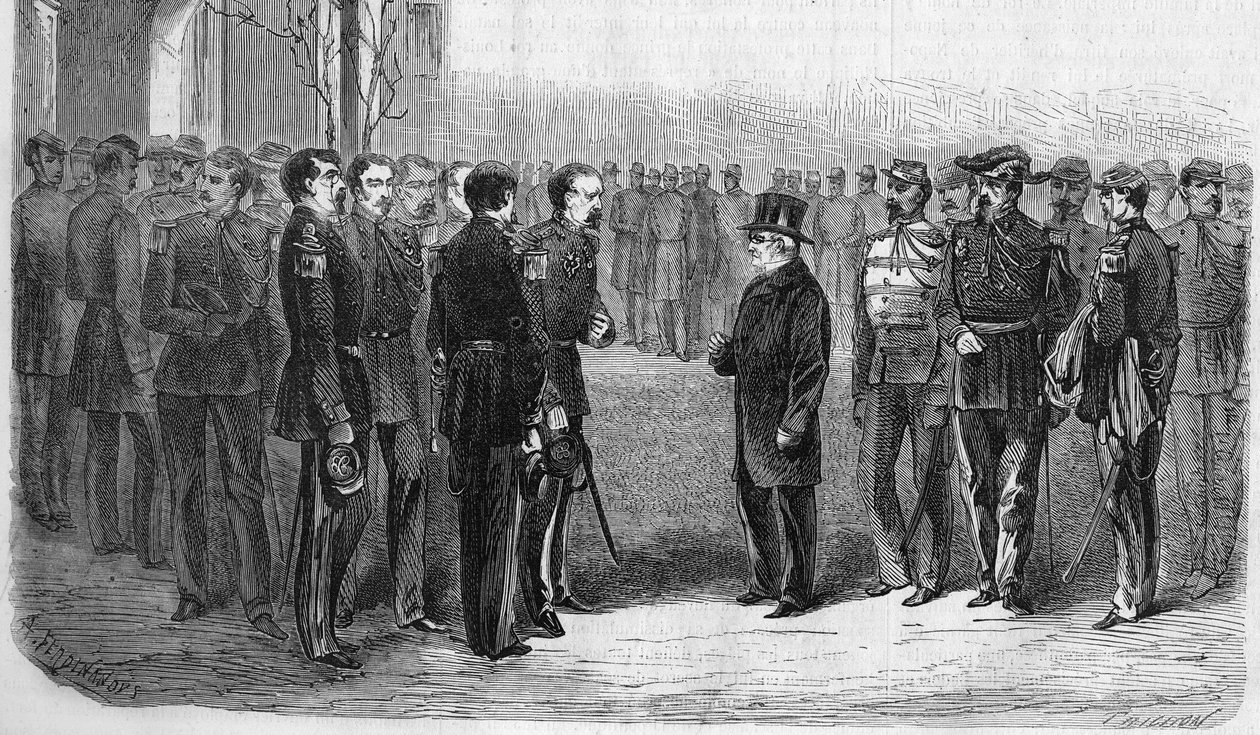 Ocak 1873: Adolphe Thiers (1797-1877), Fransız politikacı, Cumhurbaşkanı, Savaş Bakanı ve General Hartung eşliğinde Ecole Polytechnique