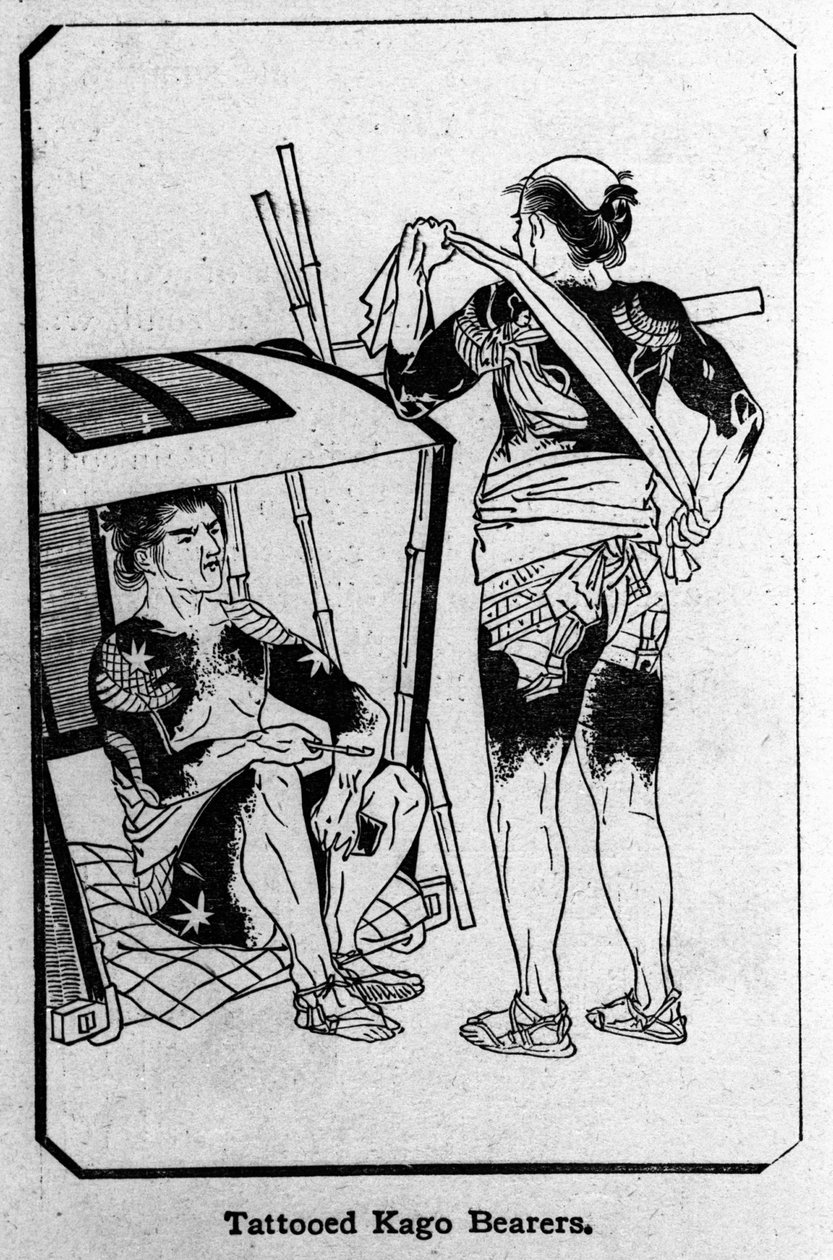 Japonya. Kago taşıyıcıları tamamen dövmeli. Resim çizme. by Unknown artist