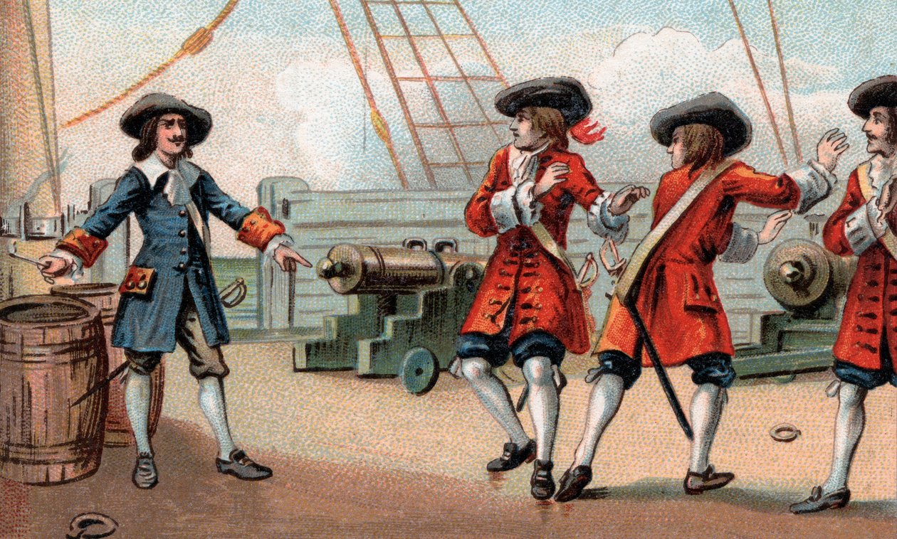Jean Bart (1650-1702), Fransız deniz komutanı ve korsan, gemisini havaya uçurmakla tehdit ediyor - Özel korsan Jean Bart (1650-1702), kendisini esir alan bir İngiliz korsanı, bir gemiyi ateşe vererek havaya uçurmakla tehdit ederek tehdit ediyor. toz varil by Unknown artist