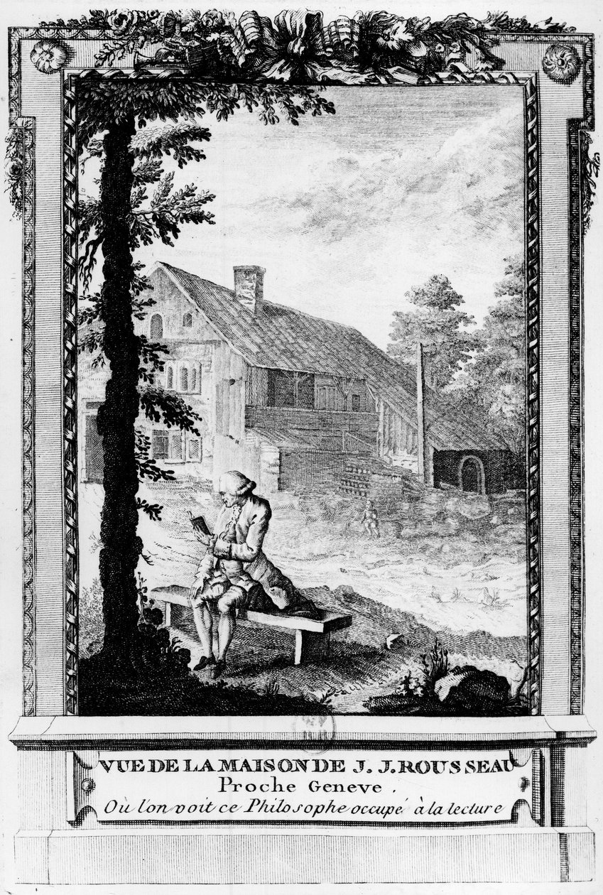 Jean Jacques Rousseau (1712-1778), Fransızca konuşan Cenevreli yazar ve filozof; evinden görüldü (Cenevre yakınlarında). by Unknown artist