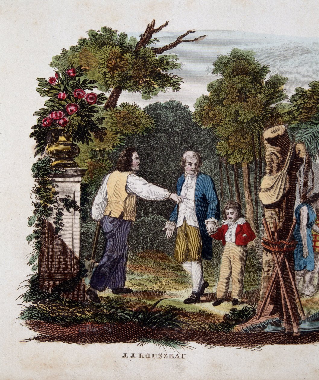 Jean Jacques Rousseau, bir köylü tarafından soyulmuş bir çocukla by Unknown artist