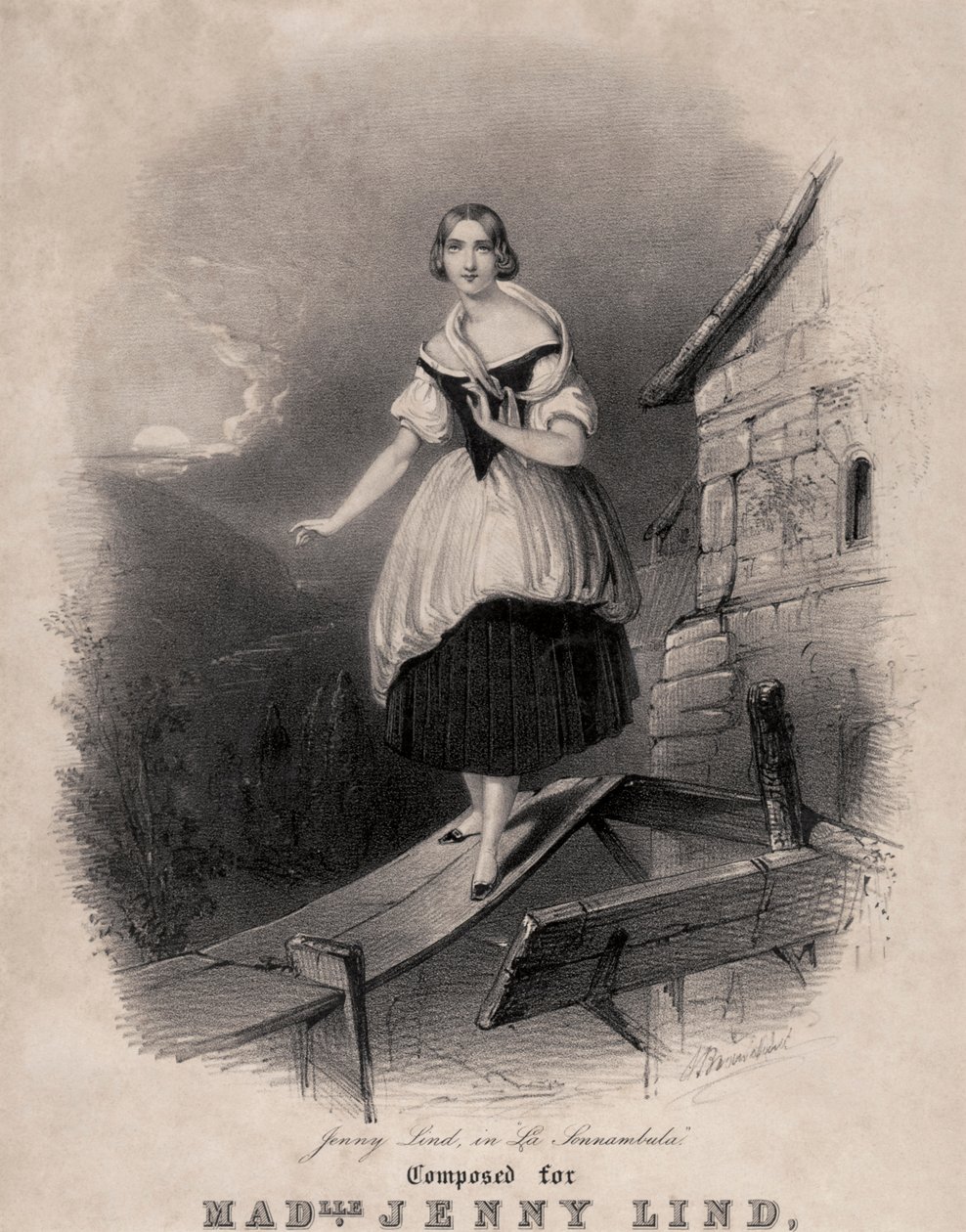 Jenny Lind, İsveçli soprano, Bellini'nin La sonnambula'sının uyurgezerlik sahnesinde by Unknown