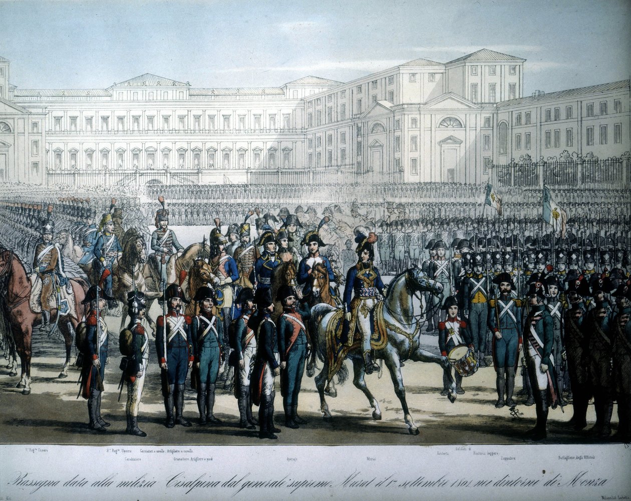 Napolyon tarafından Fransa Mareşali ve Napoli Kralı olarak atanan Joachim Murat (1767-1815), Cisalpine Cumhuriyeti birliklerini gözden geçiriyor by Unknown artist