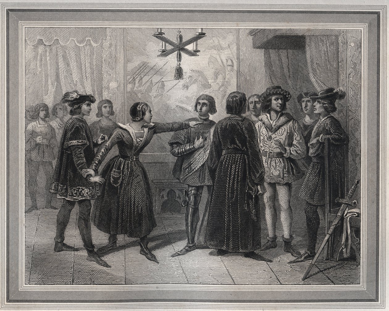 Joan of Arc, saraylı kalabalığın içinde bulunan Charles VII (1403-1461) tarafından tanınan Chinon
