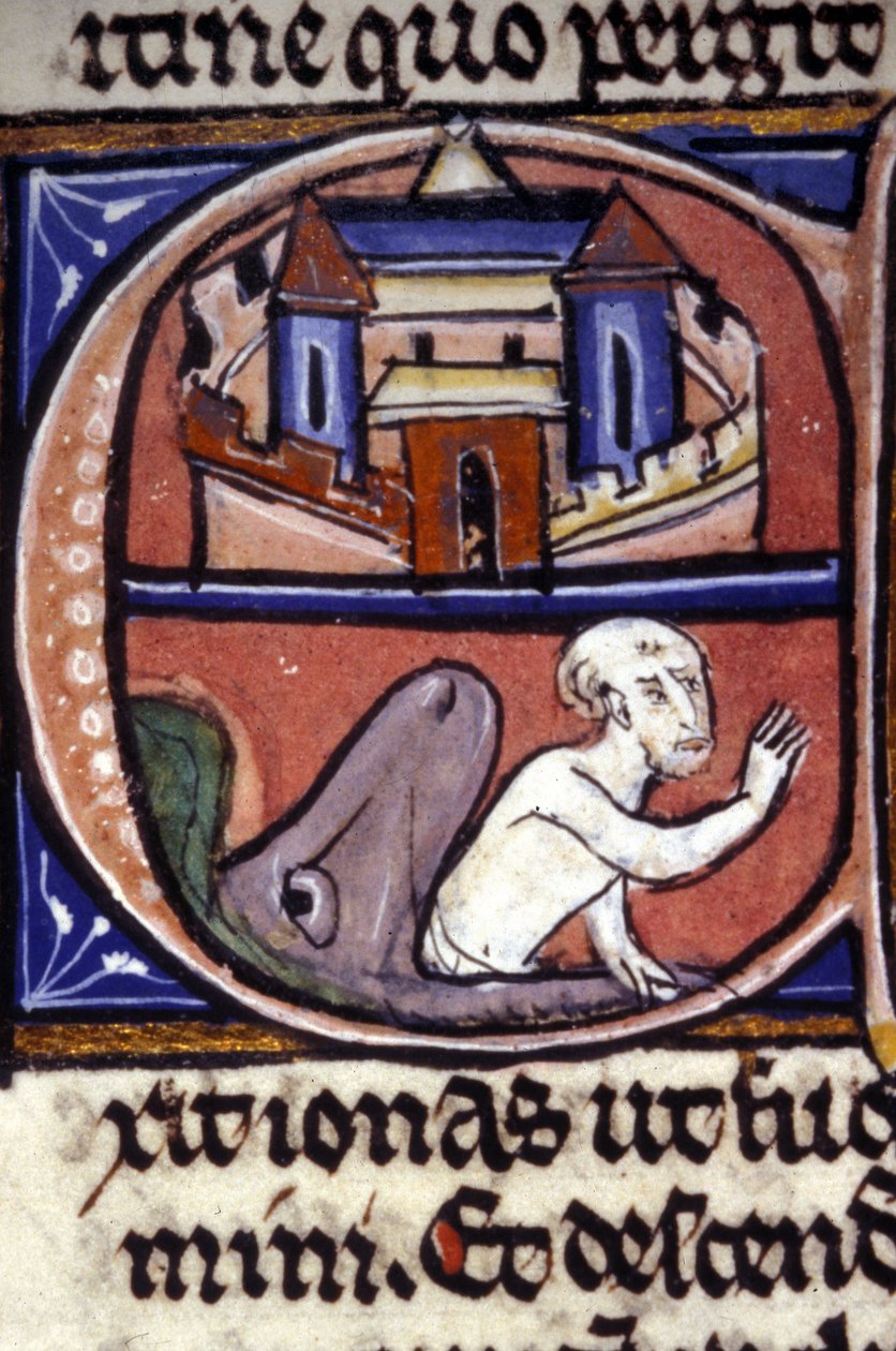 Yunus, büyük bir balığın karnında üç gün üç gece geçirdikten sonra hayvan tarafından kusar. 14. yüzyıl el yazması. Biblioteca nazionale örgülü, Milano. by Unknown artist