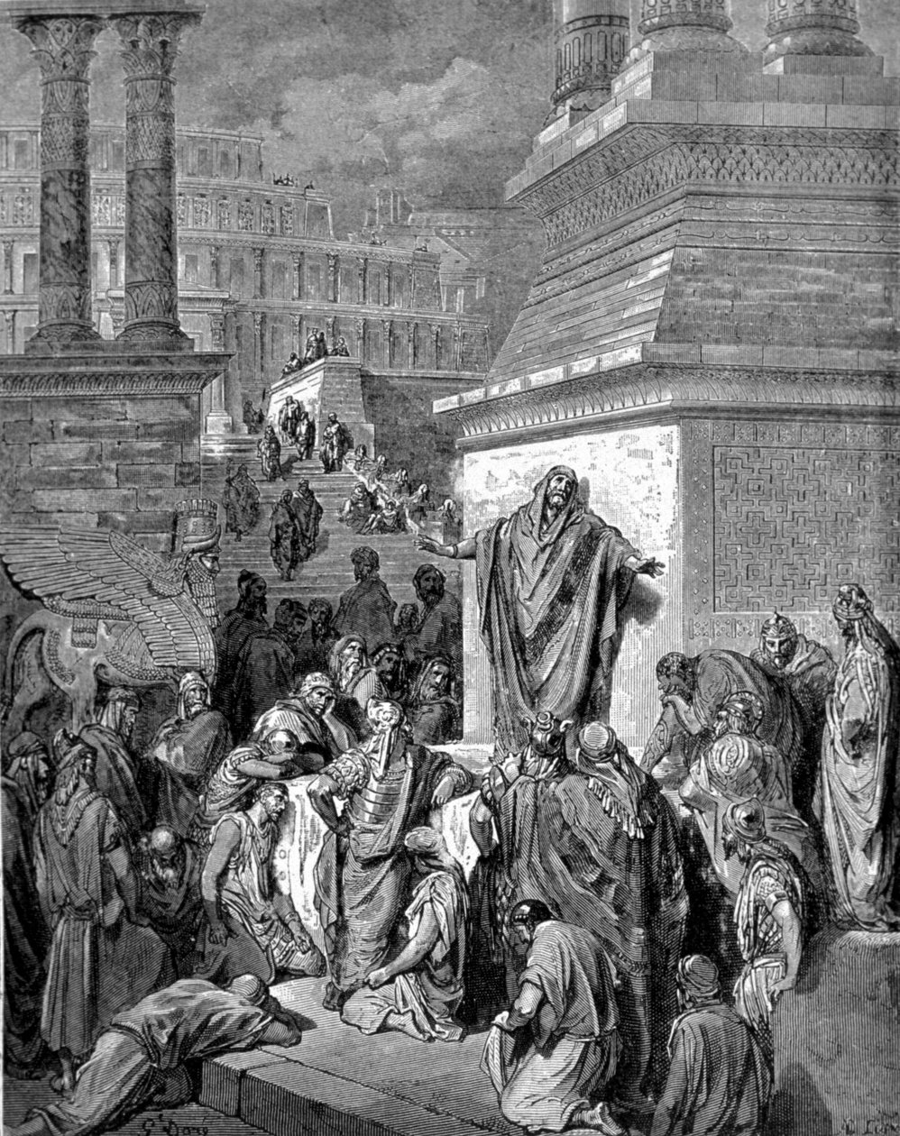 Jonah, Nineveh sakinlerini tövbe etmeye teşvik ediyor. by Unknown artist