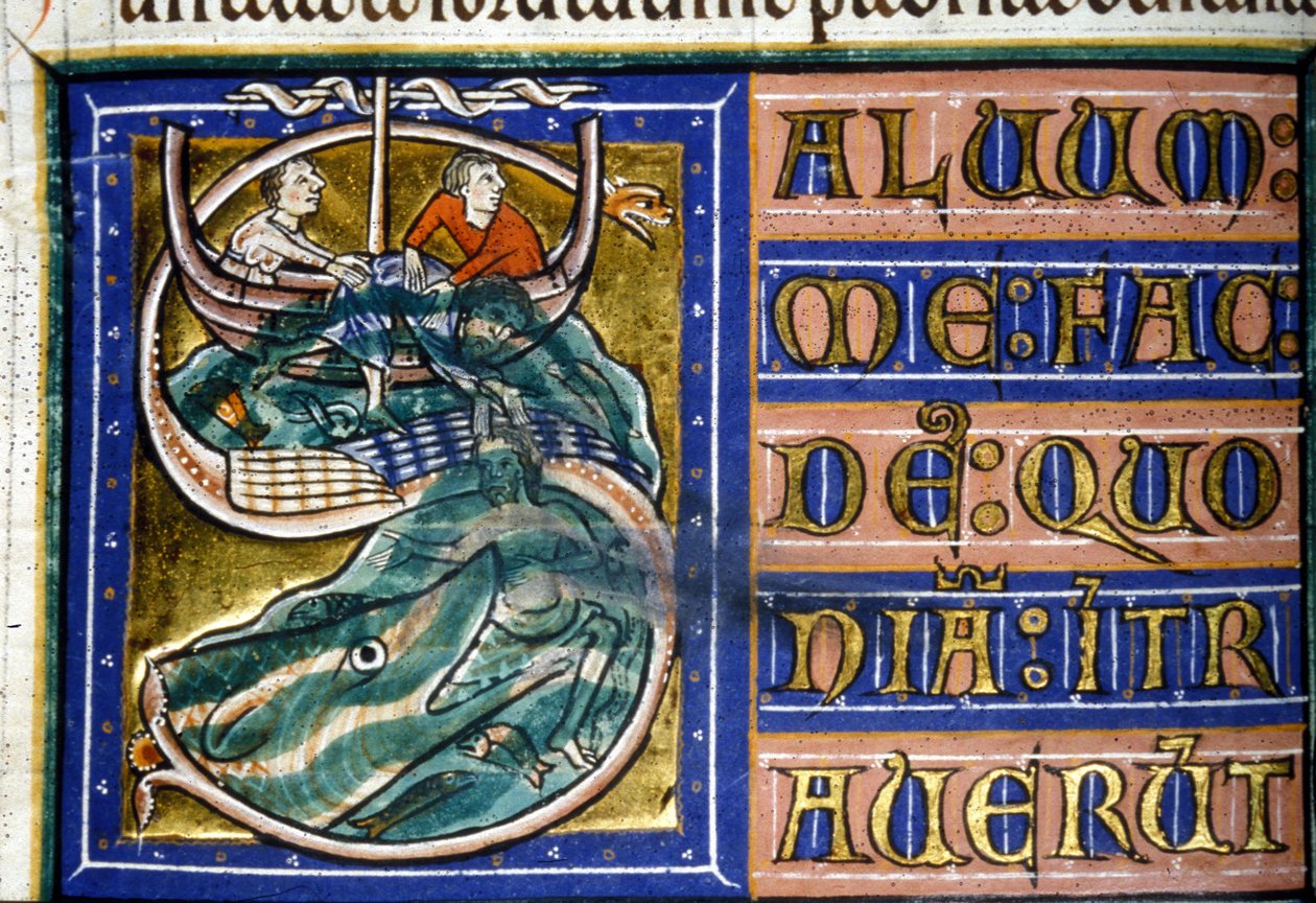 Yunus denize atılır ve büyük bir balık tarafından yutulur. 14. yüzyıl el yazması. Belediye Bibl. Vercelli