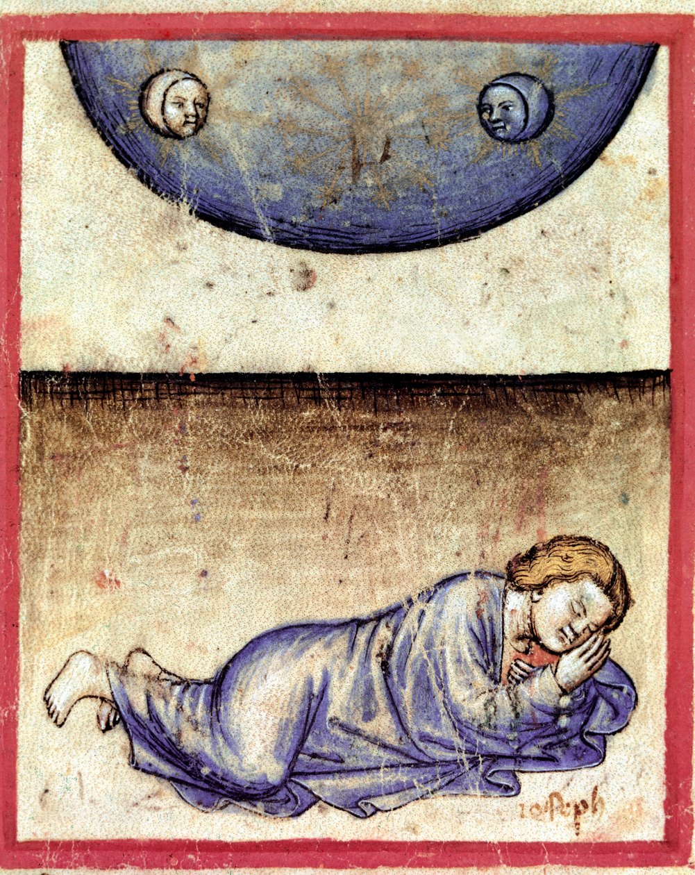 Joseph rüyasında güneşin, ayın ve on bir yıldızın önünde secde ettiğini gördü Kodeks 212'den minyatür (veya padovano yazması veya Padova İncili) 1390-1400 Rovigo, Accademia dei Concordi by Unknown artist