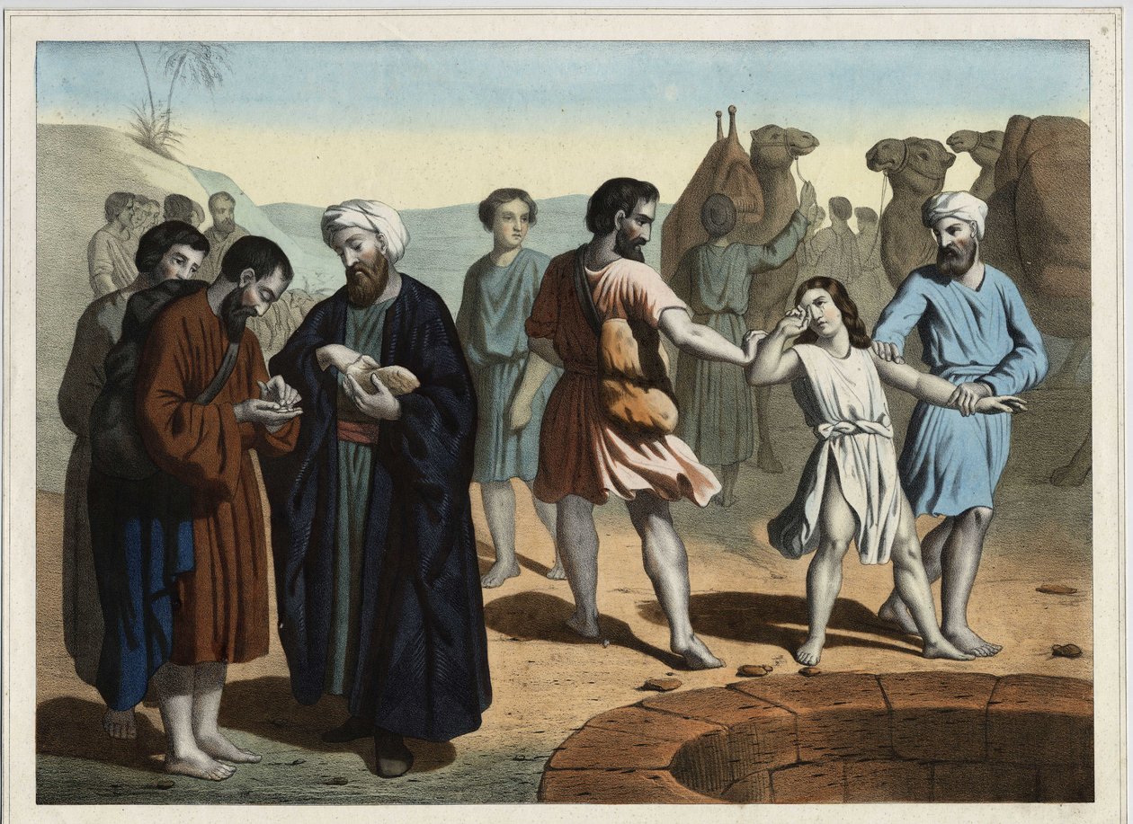 Onu ortadan kaldırmak isteyen on kıskanç kardeşi tarafından satılan Patrik Yusuf. 19. yüzyılın anonim gravürü. by Unknown artist