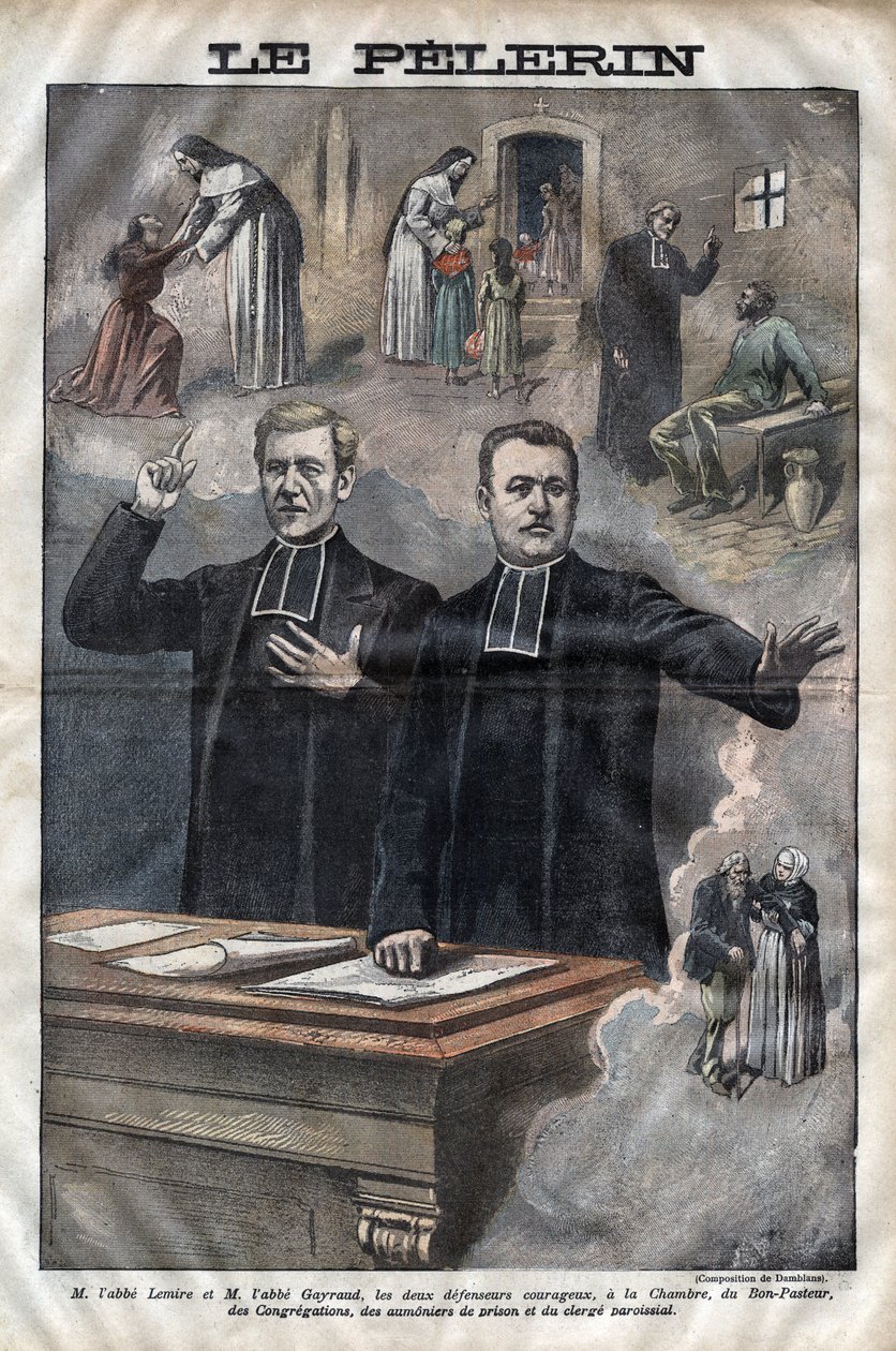Jules Auguste Lemire (1853-1928) ve Hippolyte Gayraud (1856-1911), Fransız din adamları ve politikacılar, milletvekilleri - 1899 tarihli “Le-Pelerin” gravürü by Unknown artist