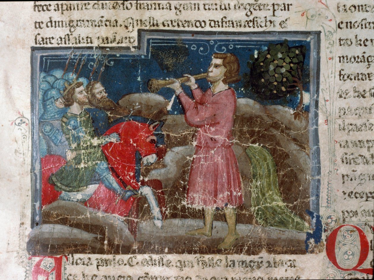 Jules Cesar (MÖ 101-44), savaşçılarına hitap ediyor “Romalıların Gerçekleri” (Ms 1538, fol 15r) adlı bir el yazması sayfasının detayı 1340 civarında Florence, Biblioteca Riccardiana by Unknown artist