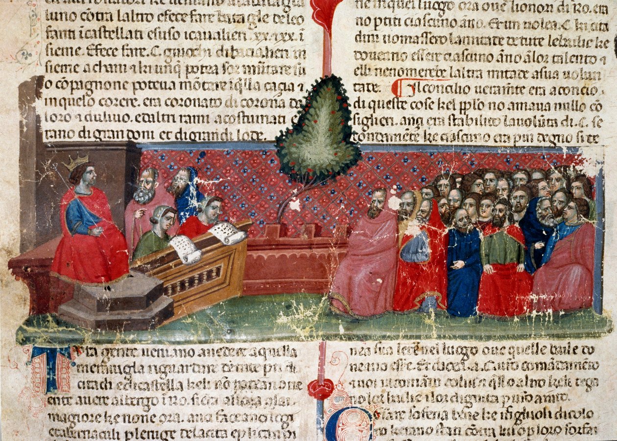 Jules Cesar (MÖ 101-44) tahtta Bir el yazması sayfasının detayı “Romalıların Gerçekleri” (Bayan 1538) yaklaşık 1340 Floransa, Biblioteca Riccardiana by Unknown artist