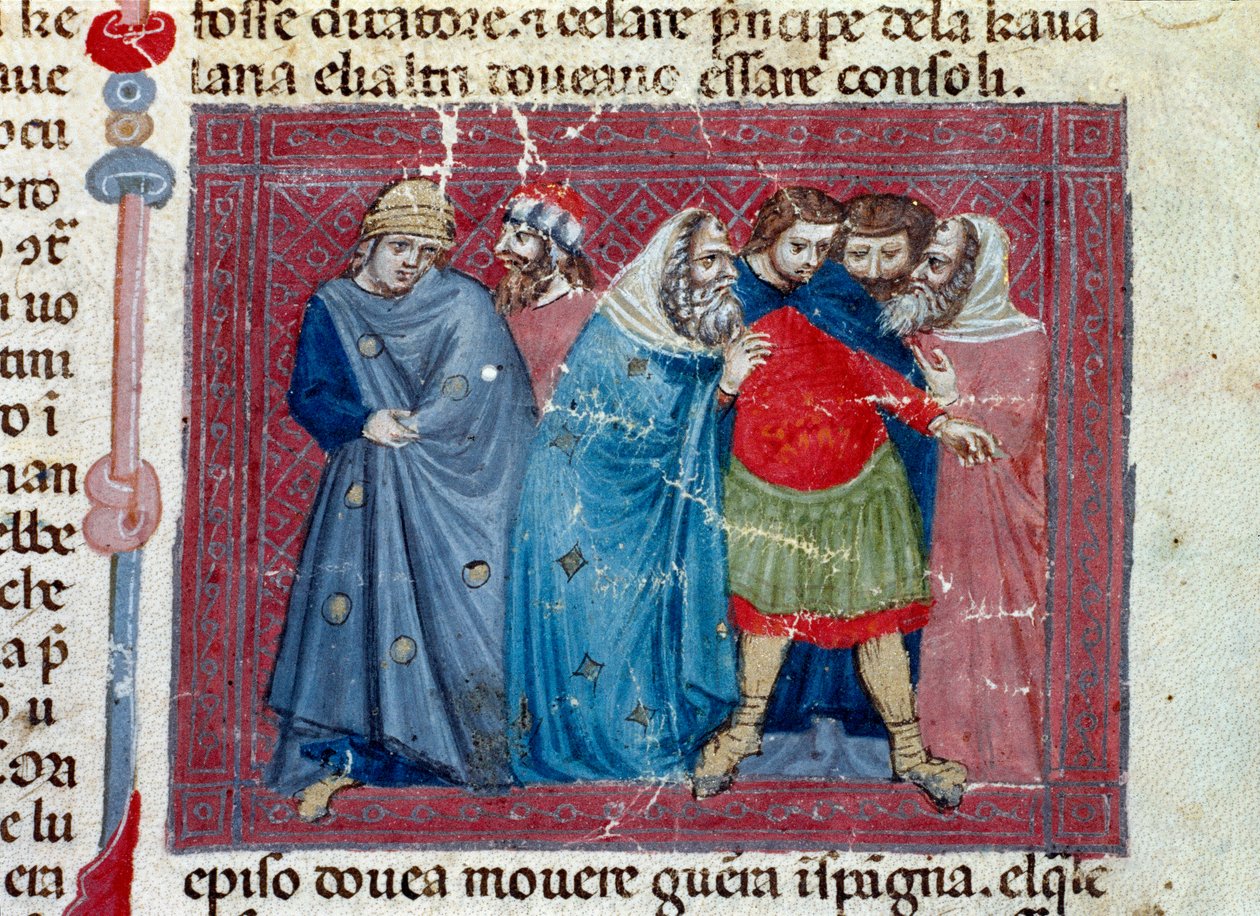 Jules Cesar (MÖ 101-44) tahtta Bir el yazması sayfasının detayı “Romalıların Gerçekleri” (Ms 1538, fol 1v) 1340 civarında Florence, Biblioteca Riccardiana by Unknown artist
