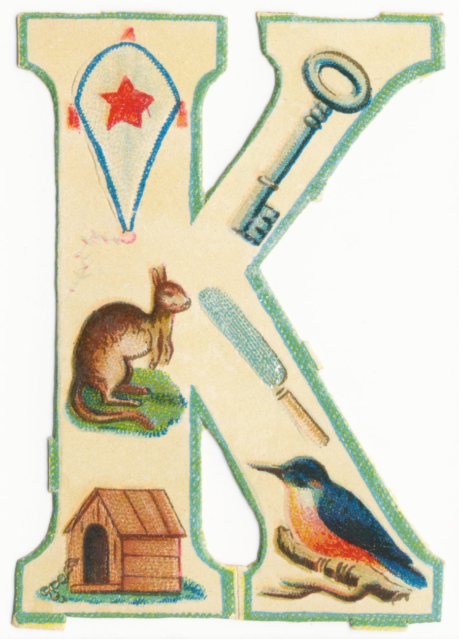 K: uçurtma, anahtar, kanguru, bıçak, köpek kulübesi, yalıçapkını (renkli taş) by Unknown artist