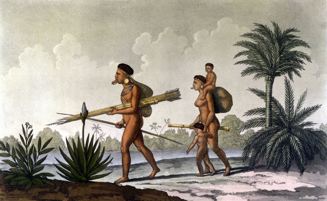 Kerengnatnuck, Botocudos şefi ve ailesi (Brezilya) - “Eski ve modern kostüm”de, Ferrario, ed. Milano by Unknown artist