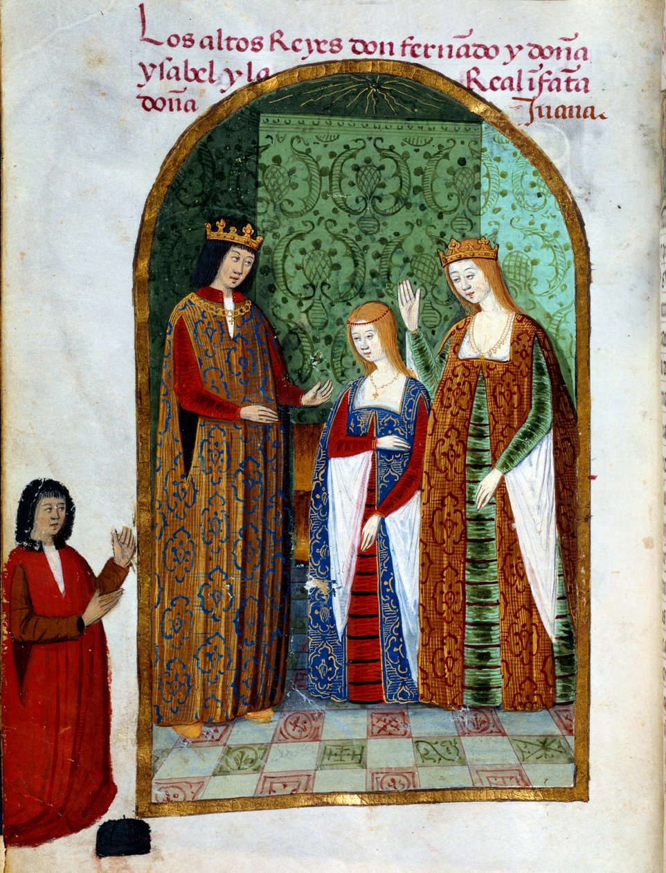 Kral Ferdinand II, Aragon ve Sicilya Kralı (1452 - 1516), Joan, Kastilya Kraliçesi (1479 - 1555) ve Kastilya 1. Isabella (Katolik olarak bilinir), İspanya Kraliçesi (1451 - 1504). Minyatür “” Devocionario de la Reyna Da Juana a Quien Llamaron la Loca”” by Unknown artist