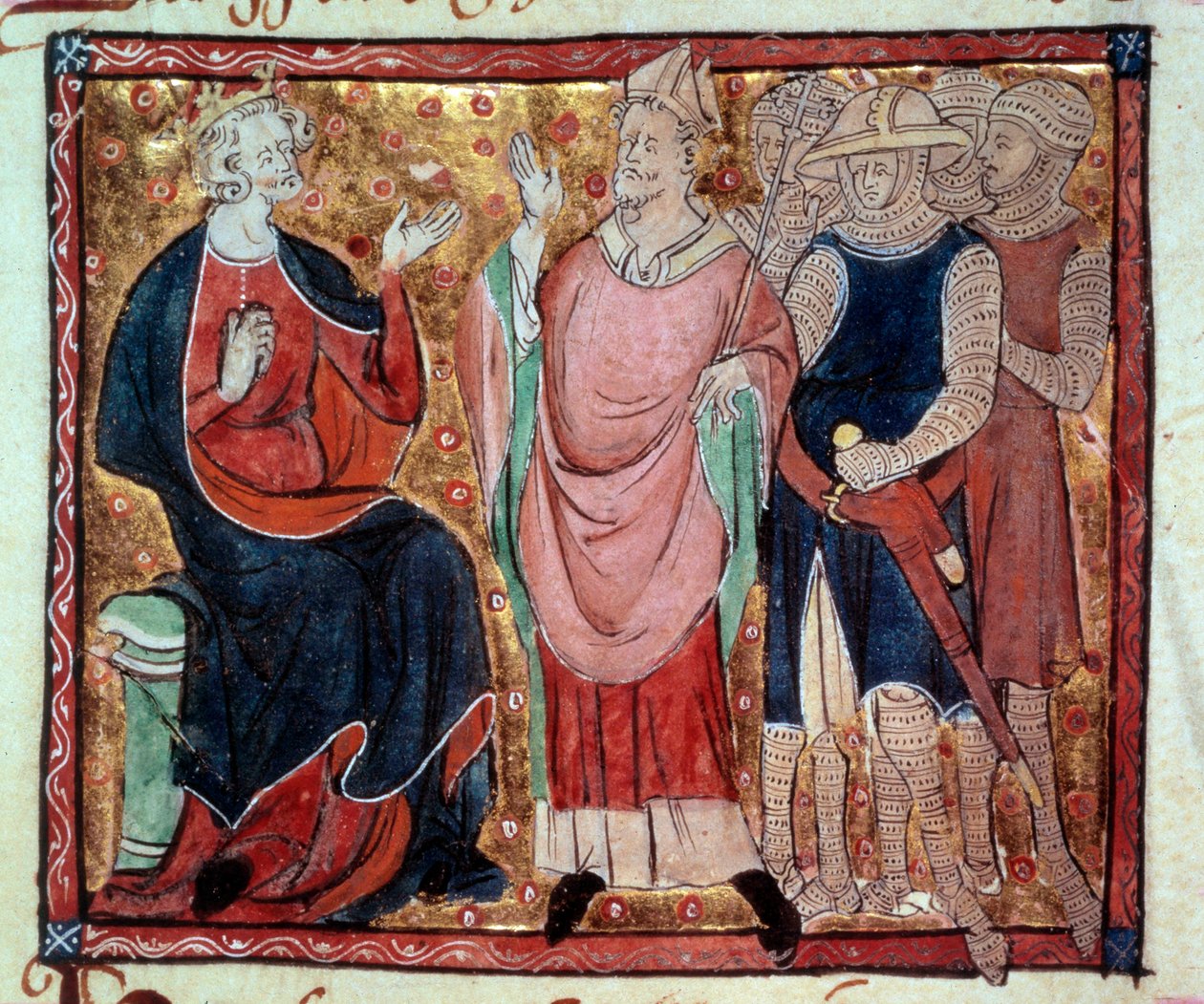İngiltere Kralı II. Henry (1133-1189) 15. yüzyıldan kalma bir el yazmasından bir eveque ve askerler Minyatürünü alıyor. Paris, B.N. by Unknown artist
