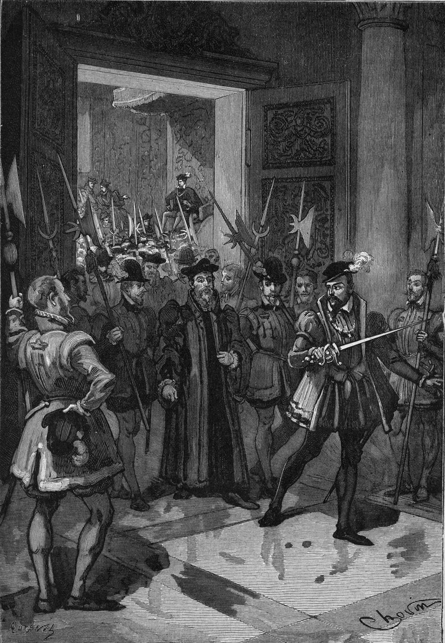 Merkezde Fransa Kralı II. Henry (1519-1559), danışmanlarını ele geçirmesini emrediyor. 19. yüzyılın gravürü. Jules Michelet