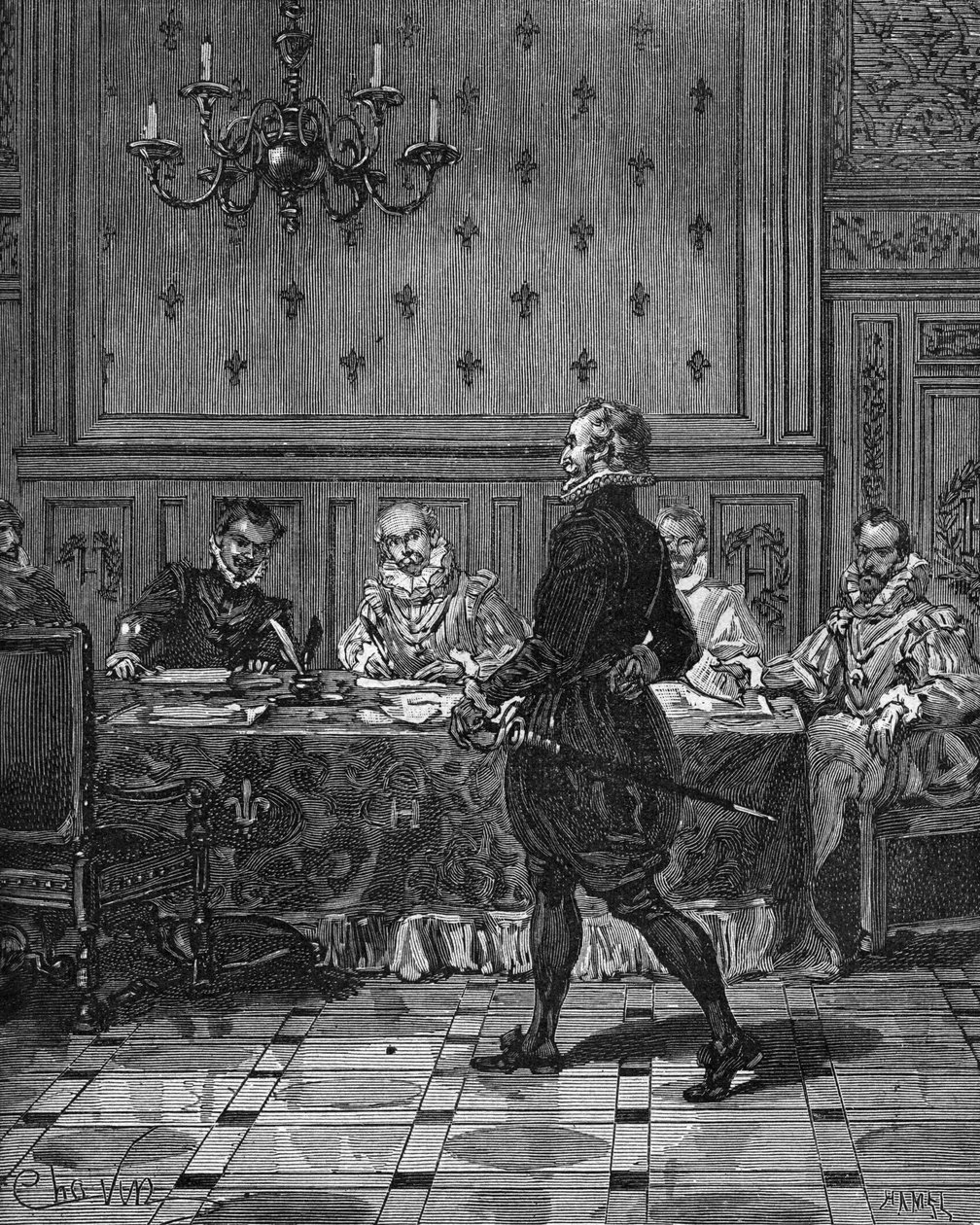 Fransa Kralı Henry IV (1553-1610) (ayakta) büyükelçileriyle yaptığı bir toplantıda. 19. yüzyılın gravürü. Jules Michelet