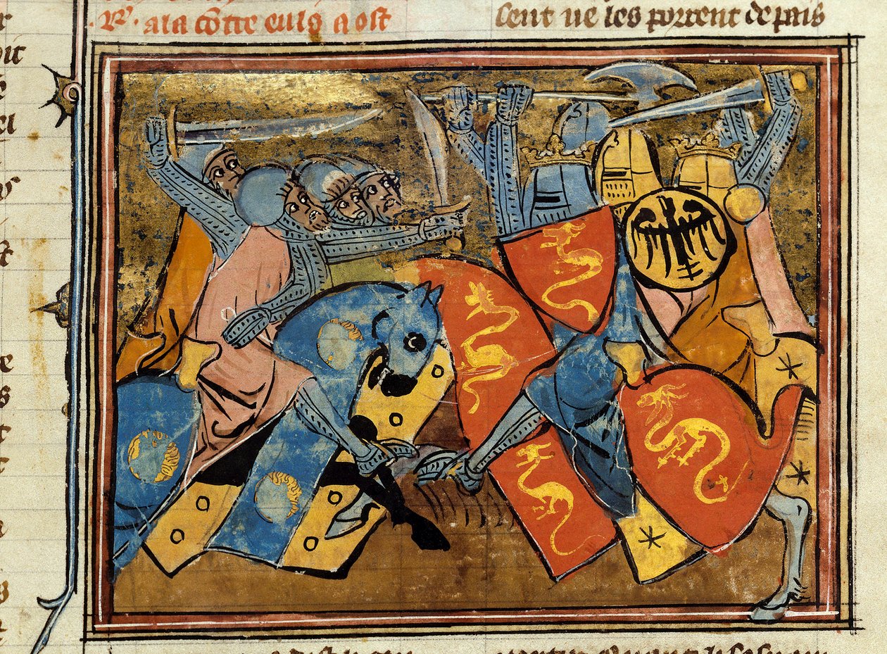 Şövalyeler savaşır. Robert de Boron (Borron) tarafından “” Histoire de Merlin”den alınan minyatür (yaklaşık 1144-ca. 1170) by Unknown artist