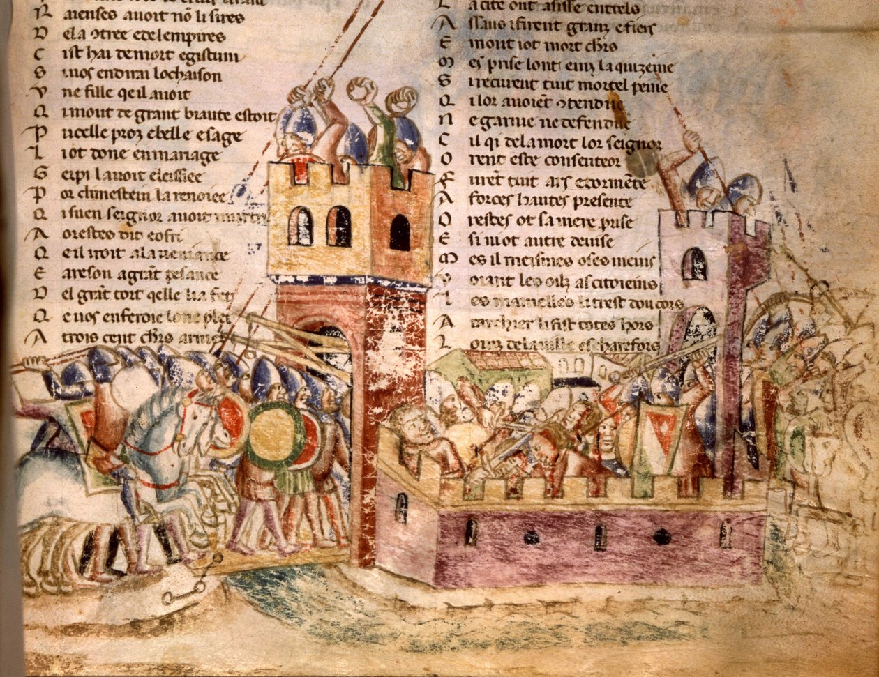 Şövalyeler bir kaleyi bastı. 12. yüzyıl el yazması. İncil. Marciana Venedik. by Unknown artist