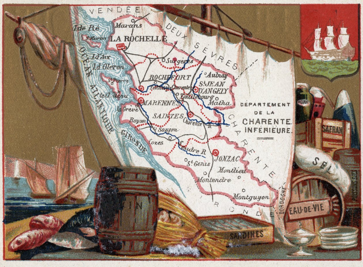 La Charente Inferieure, Poitou Charentes, Fransa. Şarap, brendi, sardalya, tuz, safran, kuru balık, c.1920 by Unknown Artist