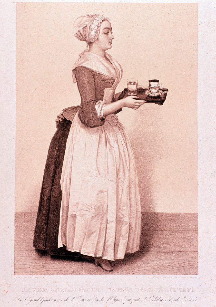 La Chocolatiere de Vienne: Elinde bir fincan sıcak çikolata olan bir tepsi tutan genç hizmetçi. 19. yüzyıl Özel Koleksiyonunun litografisi by Unknown artist