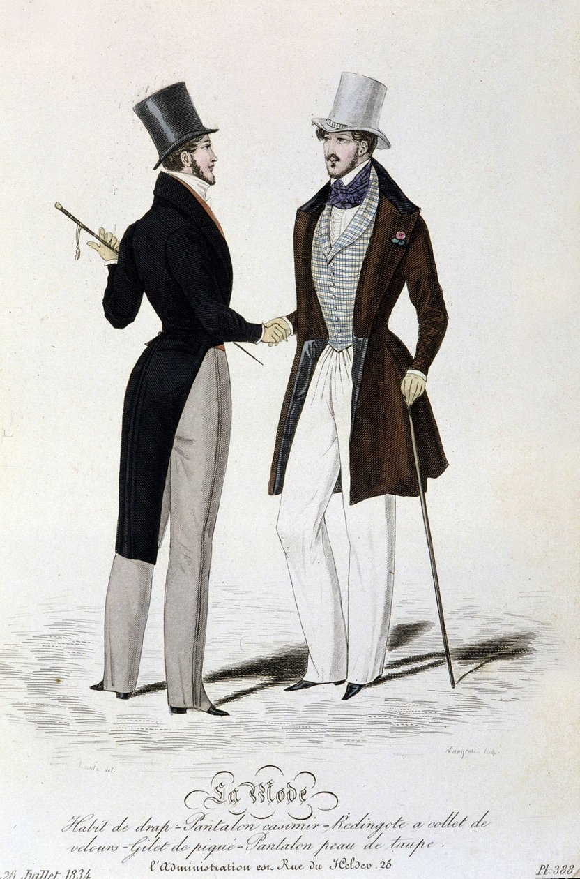 La Mode du 26 juillet 1834: (erkeksi moda) çarşaf takım - casimir pantolon - Kadife yakalı redingote - pike yelek - ten rengi pantolon ve silindir şapka. by Unknown artist