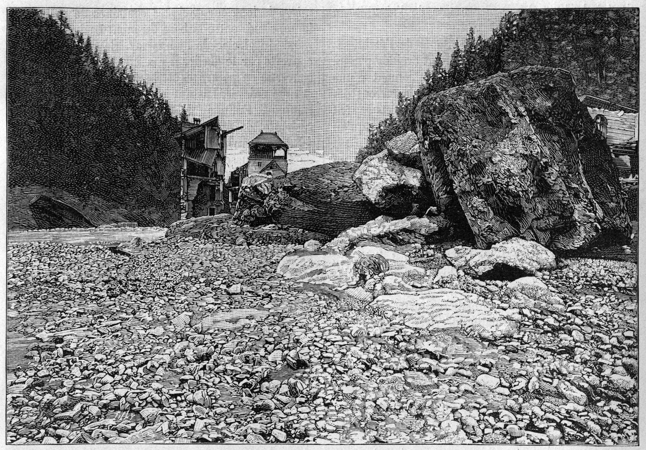 La catastrophe de Saint-Gervais (Saint Gervais) ou catastrophe du glacier de la Tete Rousse (Haute-Savoie bölümü) (12-13 Temmuz 1892) - Sel tarafından taşınan devasa bloklarla felaketten sonra Bains de Saint-Gervais, “” La Natur