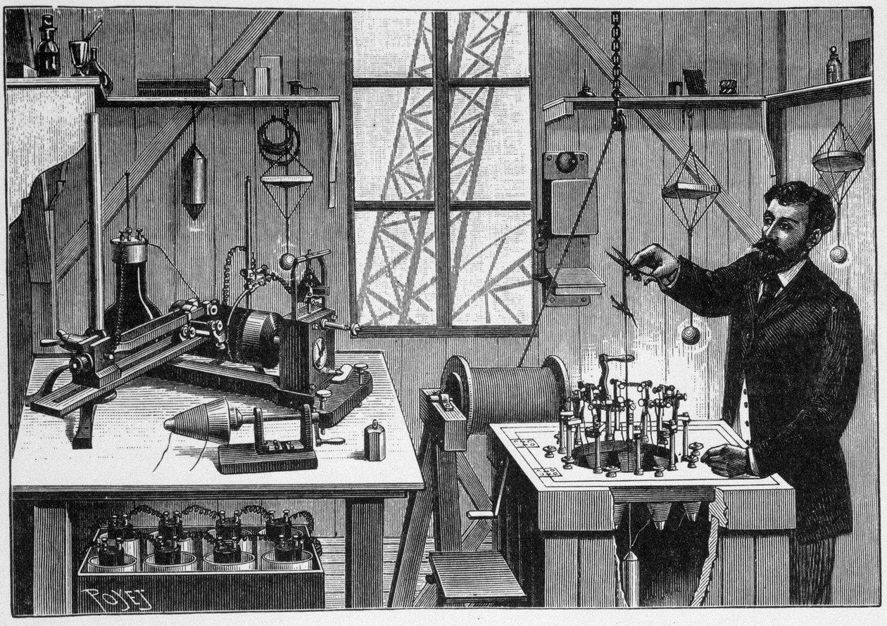 Kulenin ikinci platformunda Gustave Eiffel Laboratuvarı - gravür by Unknown artist