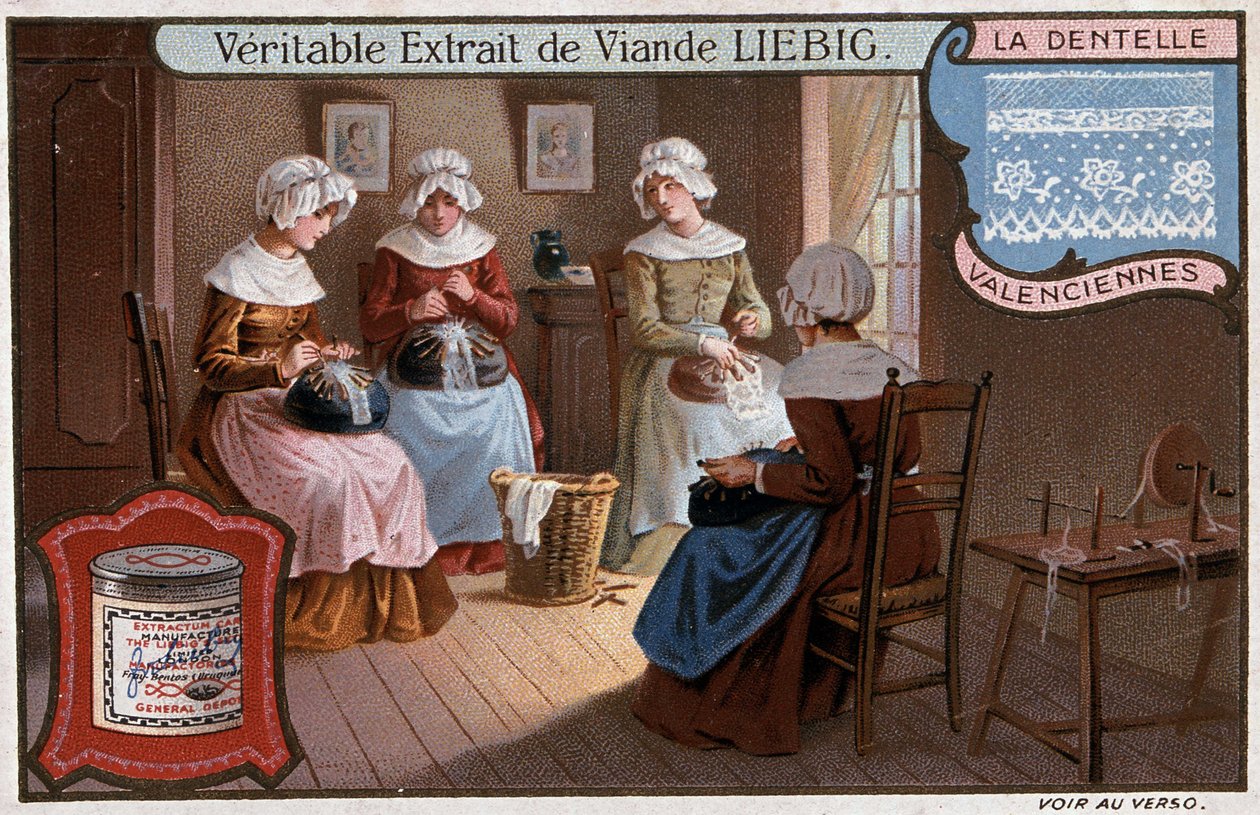 Dantel atölyesi, Valenciennes, Liebig reklam v. 1895 by Unknown artist