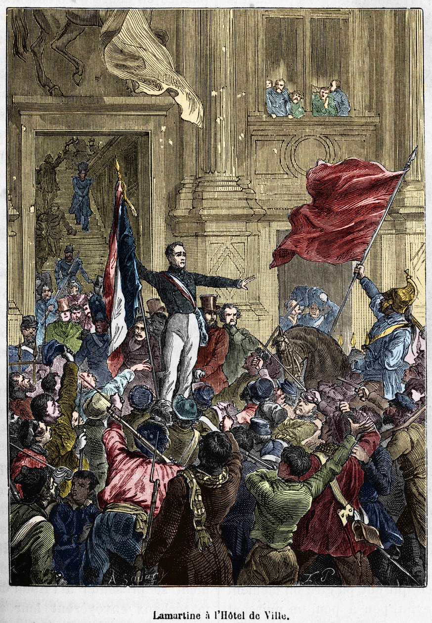 Lamartine (1790 - 1869), Belediye Binasında üç renkli bayrak için kırmızı bayrağı reddediyor. Paris, 26 Şubat 1848. Bianchetti koleksiyonu. by Unknown artist