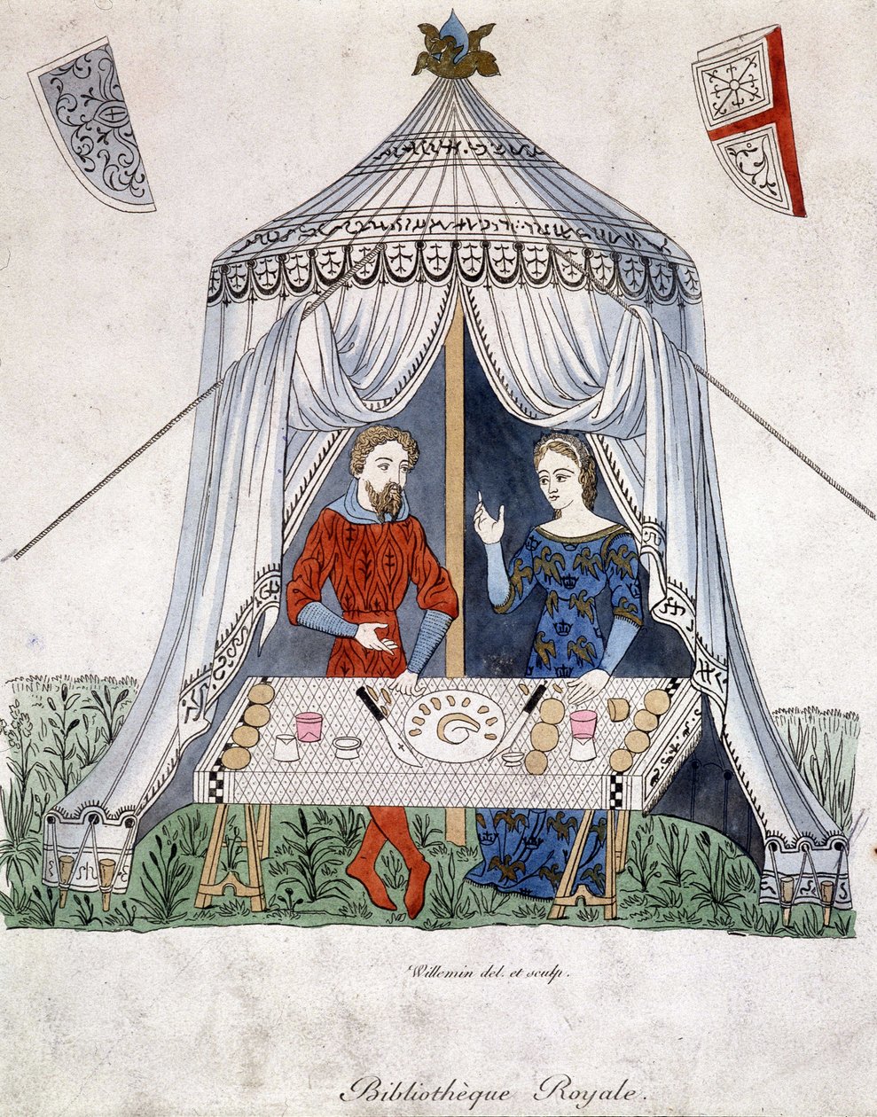 Lancelot ve Guineèvre, 1370 tarihli belgeden sonra “Lancelot du lac” dan alınan bir çadırın altında yemek yiyor. by Unknown artist